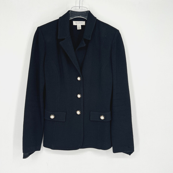 Vtg St. John Blazer Womens 6 Black Preppy Santana Knit Old Money Classic Wool
